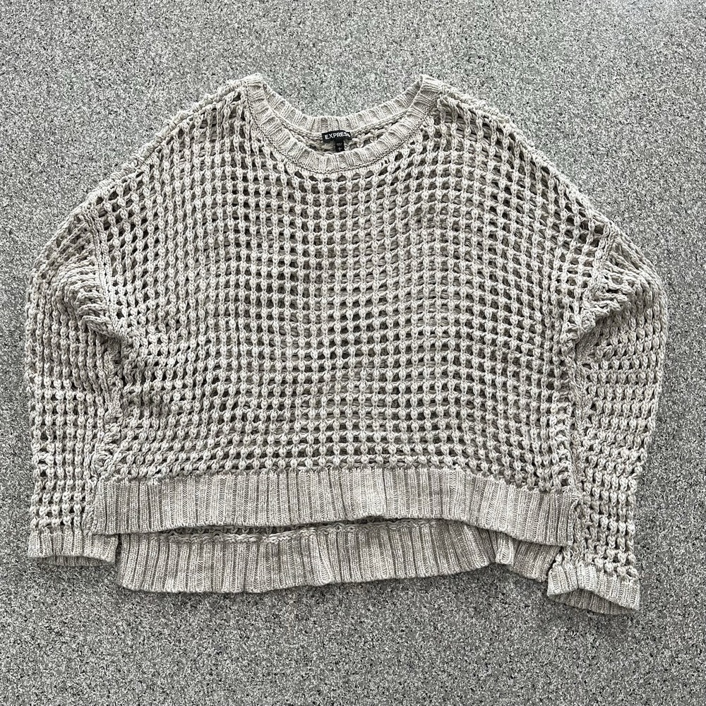 Express Sweater Womens L Open Knit Crochet Long Sleeve Tan Crew Neck